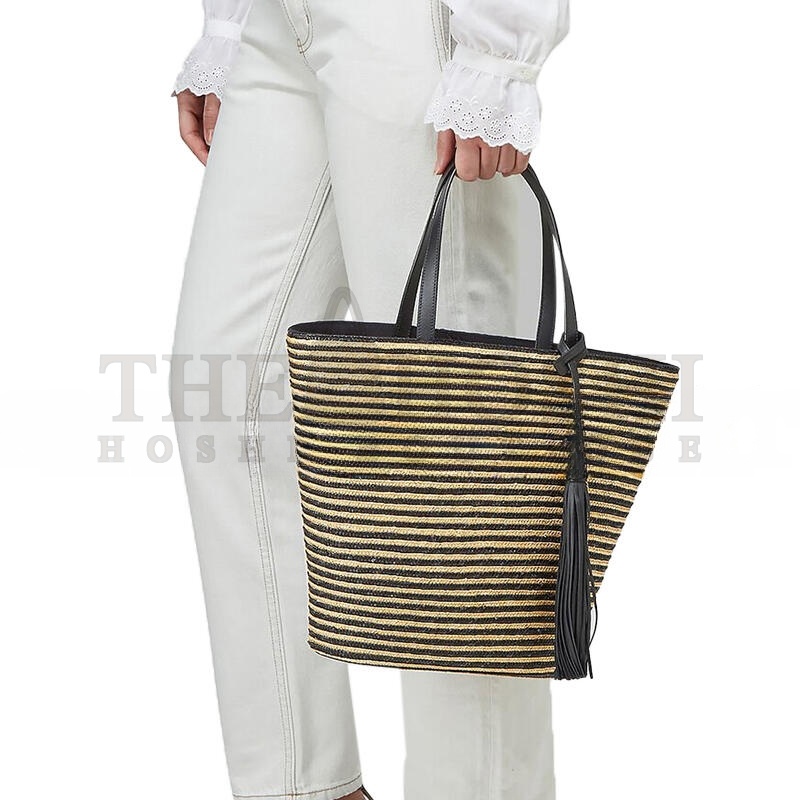 Y51 Sa1nt Lau*nt STRIPED TOTE IN RAFFIA AND LEATHER 600308 (30*28*15cm) Master Quality
